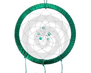 magic green dream catcher with feathers isolated on the white
