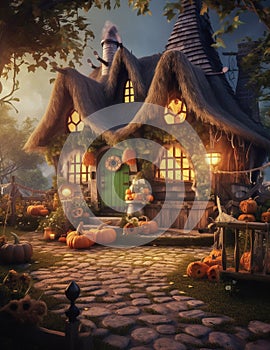 Magic Halloween house in wood. Ai generated image