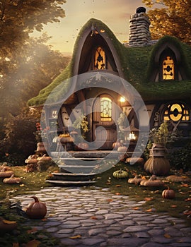 Magic Halloween house in wood. Ai generated image