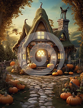 Magic Halloween house in wood. Ai generated image