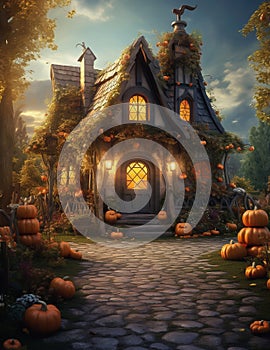 Magic Halloween house in wood. Ai generated image