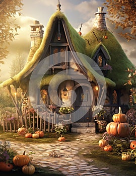 Magic Halloween house in wood. Ai generated image