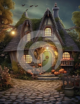 Magic Halloween house in wood. Ai generated image