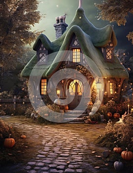 Magic Halloween house in wood. Ai generated image