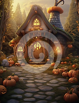 Magic Halloween house in wood. Ai generated image