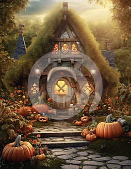 Magic Halloween house in wood. Ai generated image