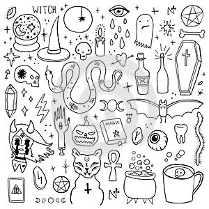 Magic Halloween objects. Hand drawn colored vector set.