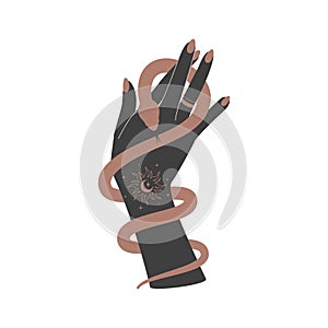 Magic hand and celestial snake. Spiritual elegant symbol for branding name logo. Esoteric mystical silhouette serpent