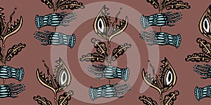 Magic hands holding a hungry carnivorous flower predator plant venus flytrap seamless pattern background.