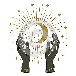 Magic hands holding moon. Hand drawn mystical arms with moon, magical symbol, witchcraft mystic arms holding moon and