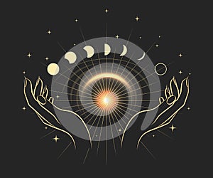 Magic Hands and Moon Phases Esoteric Illustration