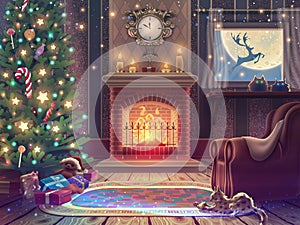 Magic Happy New Year greeting card with Christmas tree, gifts, candies, fireplace and armchair in magic luxury room. Vector
