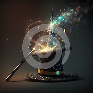 Magic hat with magic wand and sparkles on dark background. Vector illustration.