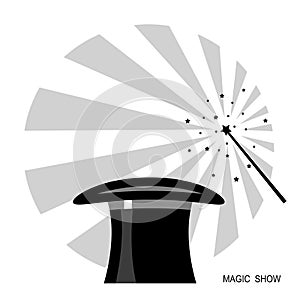 Magic hat and magic wand.Vector black white label