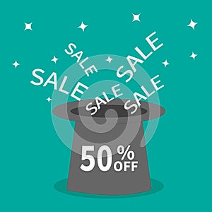 Magic hat. 50 percent off. Sale background. Big sale. Supersale tag. Special offer. Sparkles stars. Flat design. photo