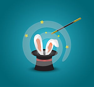 Magic hat with rabbit ears.Magic trick with rabbit ears appear from the magic top hat
