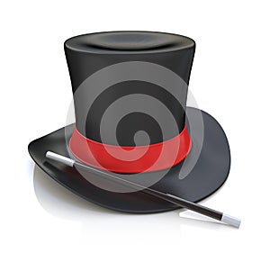 Magic hat and wand, 3D render isolated on white background