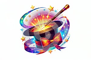Magic hat and magic wand bright image, isolated on white background