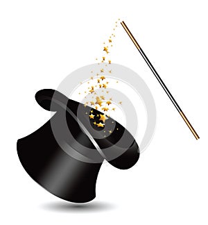 Magic hat and wand with sparkles. vector