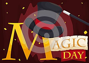 Magic Hat and Wand in Stage, Ready for Magic Day, Vector Illustration