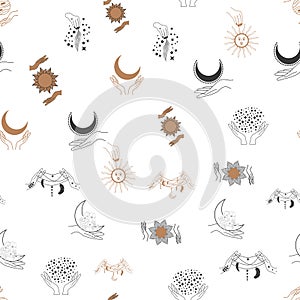 Magic and heaven seamless pattern, with magical elements such as snake, eye. Symbols and elements of the witchcraft