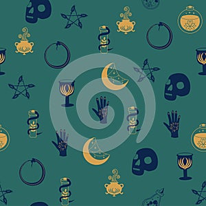 Magic and heaven seamless pattern, with magical elements such as snake, eye. Symbols and elements of the witchcraft