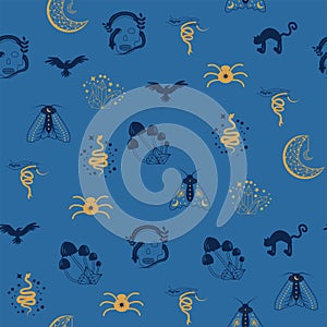 Magic and heaven seamless pattern, with magical elements such as snake, eye. Symbols and elements of the witchcraft