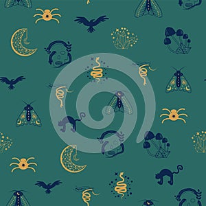 Magic and heaven seamless pattern, with magical elements such as snake, eye. Symbols and elements of the witchcraft