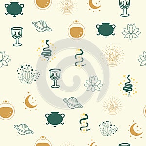 Magic and heaven seamless pattern, with magical elements such as snake, eye. Symbols and elements of the witchcraft