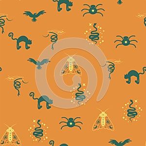 Magic and heaven seamless pattern, with magical elements such as snake, eye. Symbols and elements of the witchcraft