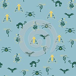 Magic and heaven seamless pattern, with magical elements such as snake, eye. Symbols and elements of the witchcraft