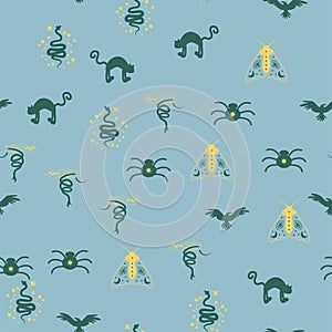 Magic and heaven seamless pattern, with magical elements such as snake, eye. Symbols and elements of the witchcraft