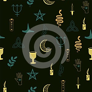 Magic and heaven seamless pattern, with magical elements such as snake, eye. Symbols and elements of the witchcraft