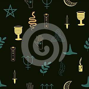 Magic and heaven seamless pattern, with magical elements such as snake, eye. Symbols and elements of the witchcraft