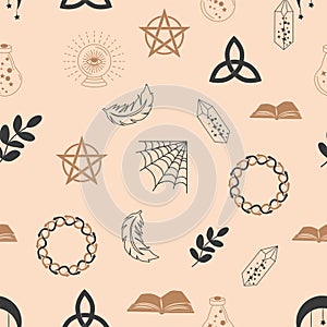 Magic and heaven seamless pattern, with magical elements such as snake, eye. Symbols and elements of the witchcraft