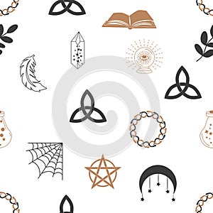 Magic and heaven seamless pattern, with magical elements such as snake, eye. Symbols and elements of the witchcraft