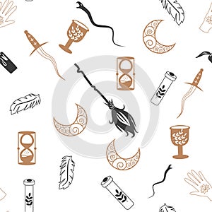 Magic and heaven seamless pattern, with magical elements such as snake, eye. Symbols and elements of the witchcraft