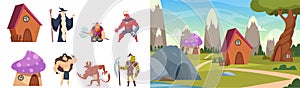 Magic heroes. Fairytale landscape, cute cartoon houses, magical forest vector illustration