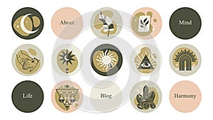 Magic highlights set. Paranormal and esoteric icons for a blog about mental health, magic and mystique