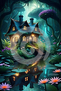 A magic house in a jungle of fairytale with magical scene, little river with reflection water, plants, flower, tree, 8k, printable