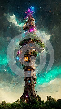 Magic house from a tree trunk. A place where magical creatures live. Tree house, dreamland. Fairy tale night.