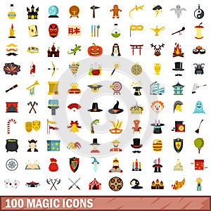 100 magic icons set, flat style