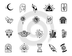 Magic icons set. Paranormal and esoteric icons about mental health, magic and mystique