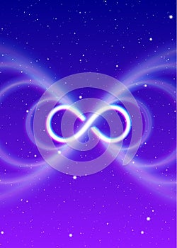 Magic infinity symbol, lemniscate or sideways eight spreads the mystic shiny energy in spiritual space