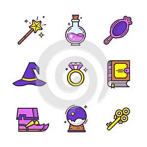 Magic items icons set. Wand, hat, potion bottle, ring, spell book, mirror, seven-league boots, ball, golden key.