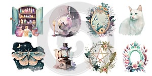 Magic items and pets of the good witch. Watercolor clipart for a fairy tale