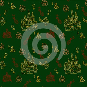 Magic items seamless pattern in hand draw style on green background. School of witchcraft. Castle, letter. poison