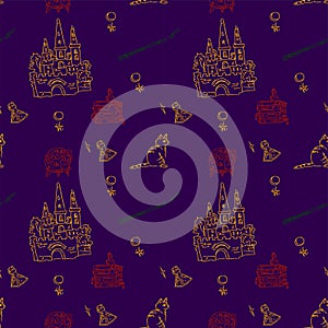 Magic items seamless pattern in hand draw style on violet background. School of witchcraft. Castle, cat, books, poison