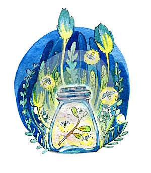 The magic jar. Luminous jar with fireflies, lights, night and magic against the background of the forest. Watercolor