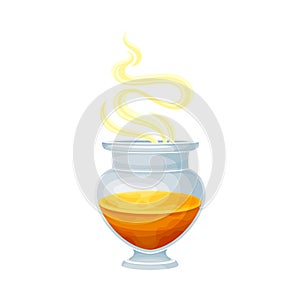 Magic jar with potion. Bottle with magical elixir cartoon vector illustration